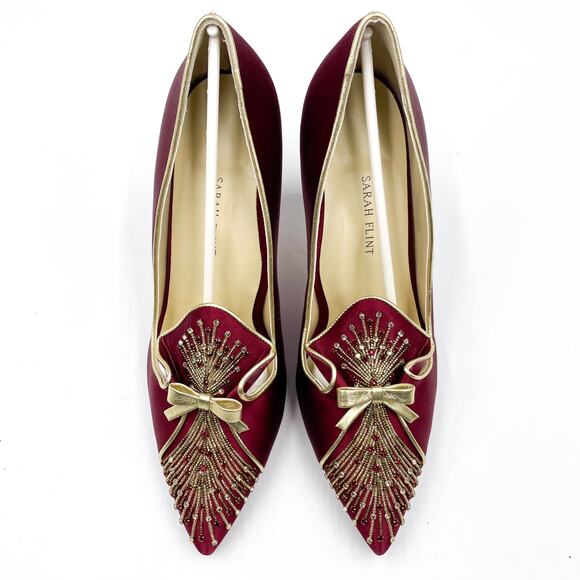 Sarah Flint Perfect Madeleine 85 Pumps Red Pointed Gold Bow Beaded Sz 41 / 10 US - Picture 3 of 11
